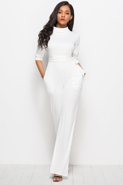 Mock-Neck Tie-Waist Jumpsuit