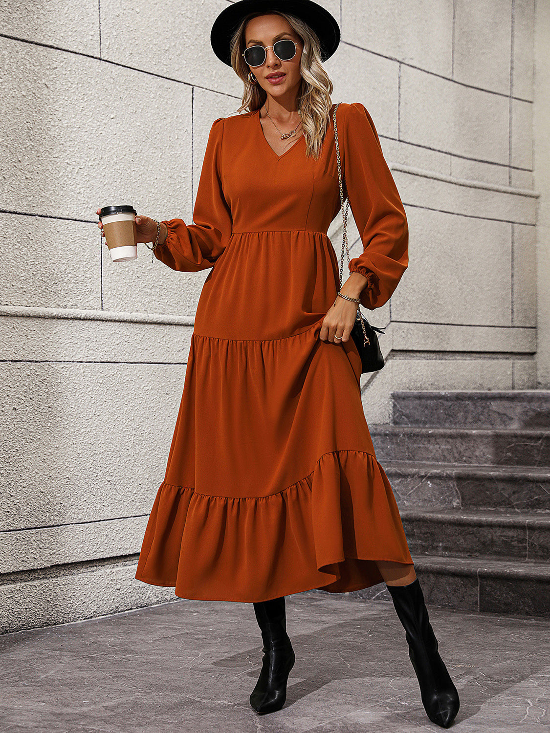 V-Neck Long-Sleeved Tiered Midi Dress