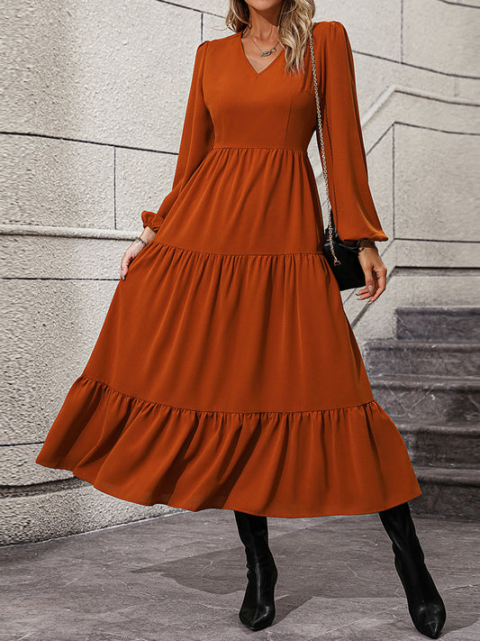 V-Neck Long-Sleeved Tiered Midi Dress