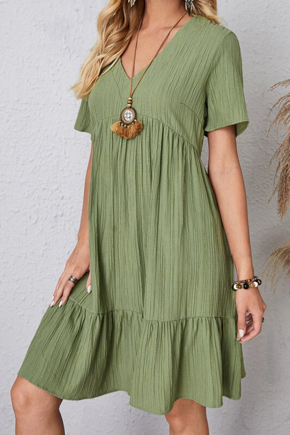 Cotton V-Neck Short-Sleeved Dress