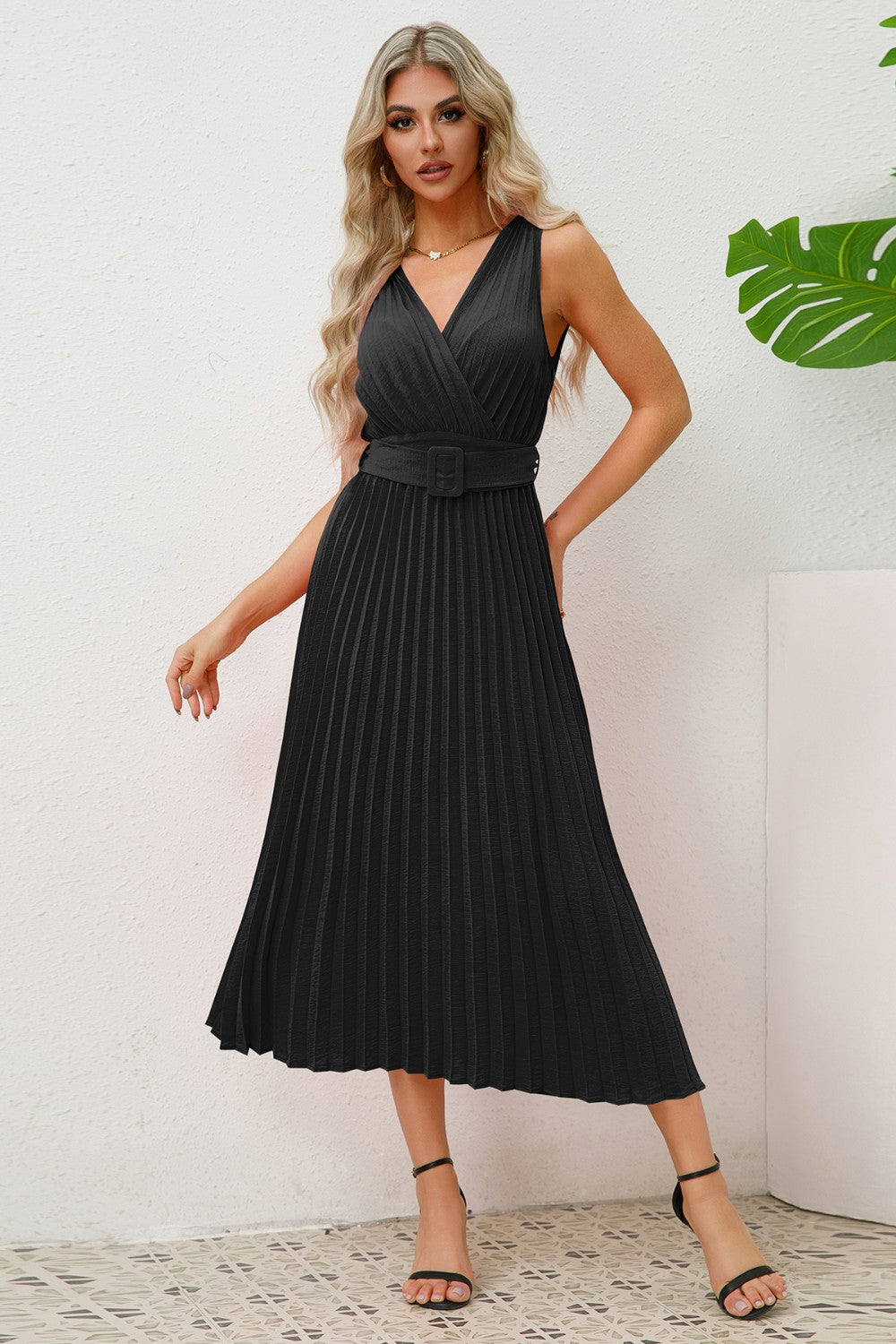 Sleeveless Pleated V-Neck Dress