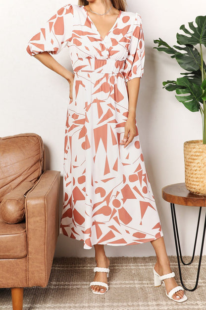 Double Take Surplice Balloon Sleeve Dress