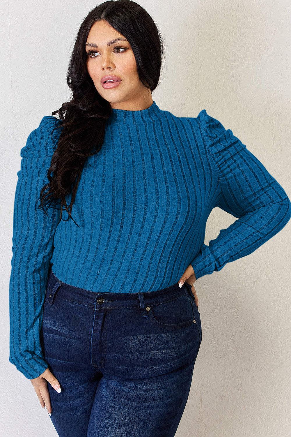 Basic Bae Mock Neck Ribbed Puff Sleeve Shirt