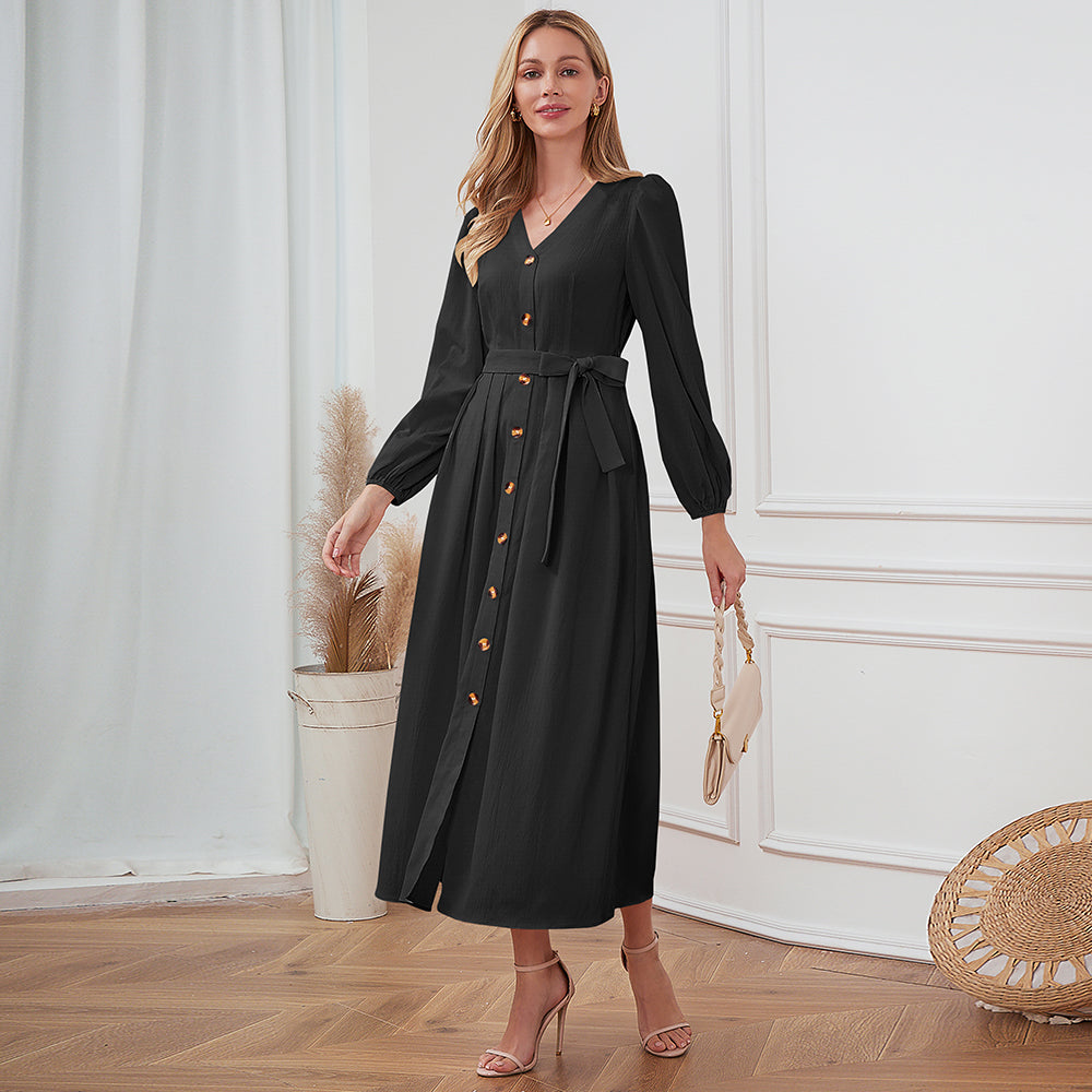 Buttoned V-Neck Long-Sleeved Dress