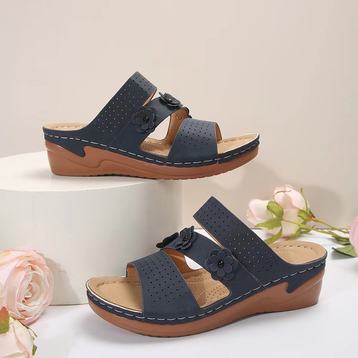 Faux-Suede Flower Wedge Sandals