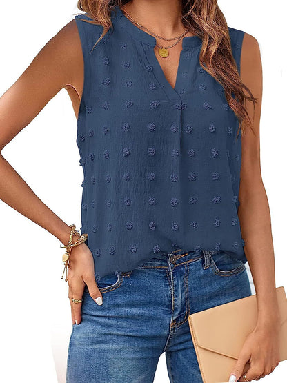 Swiss Dot Notched Sleeveless Blouse