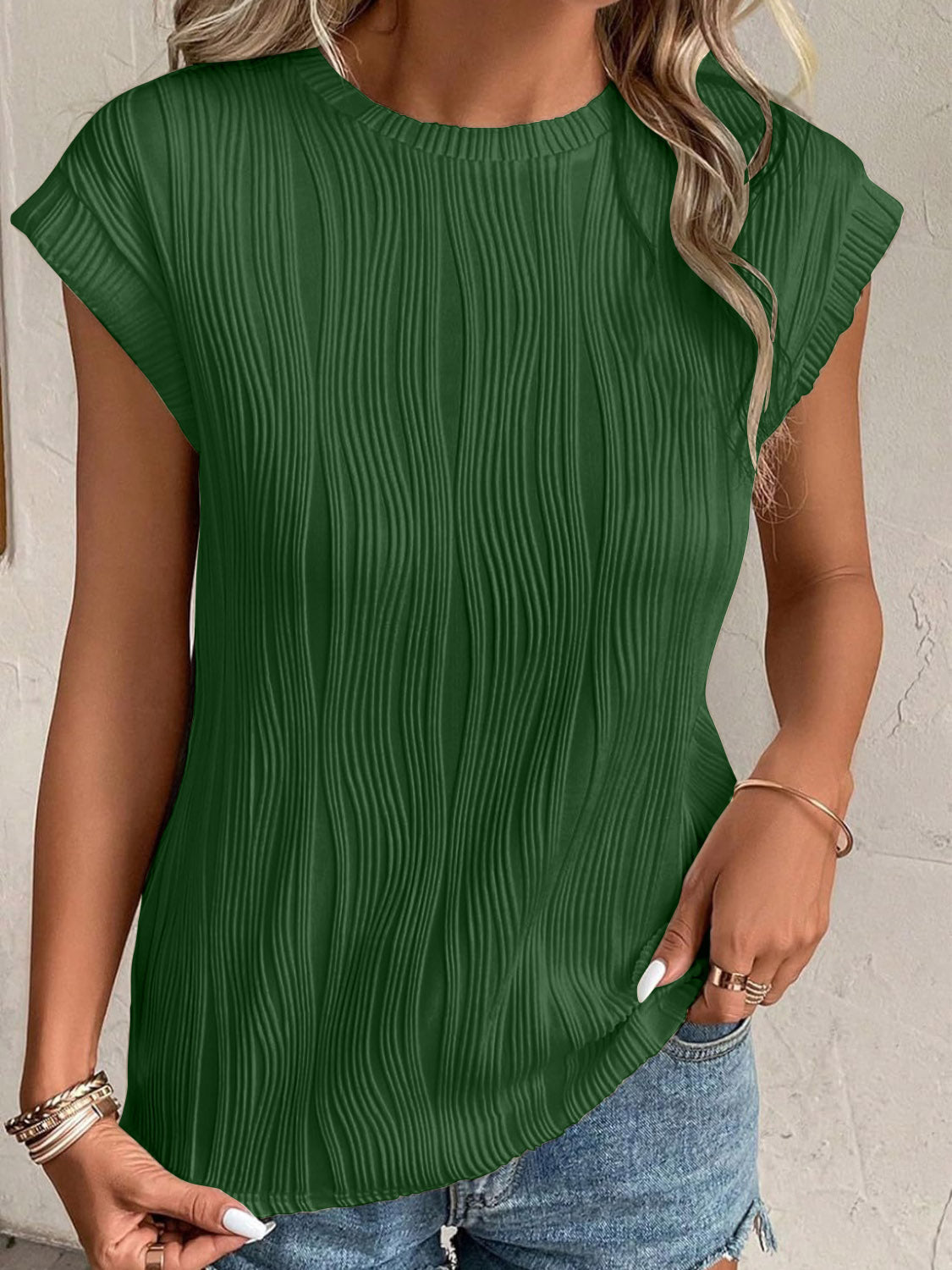 Textured Cap-Sleeve Blouse