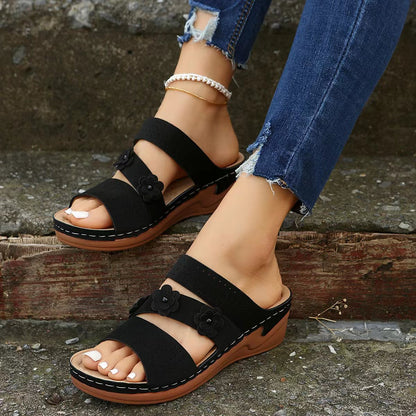 Faux-Suede Flower Wedge Sandals