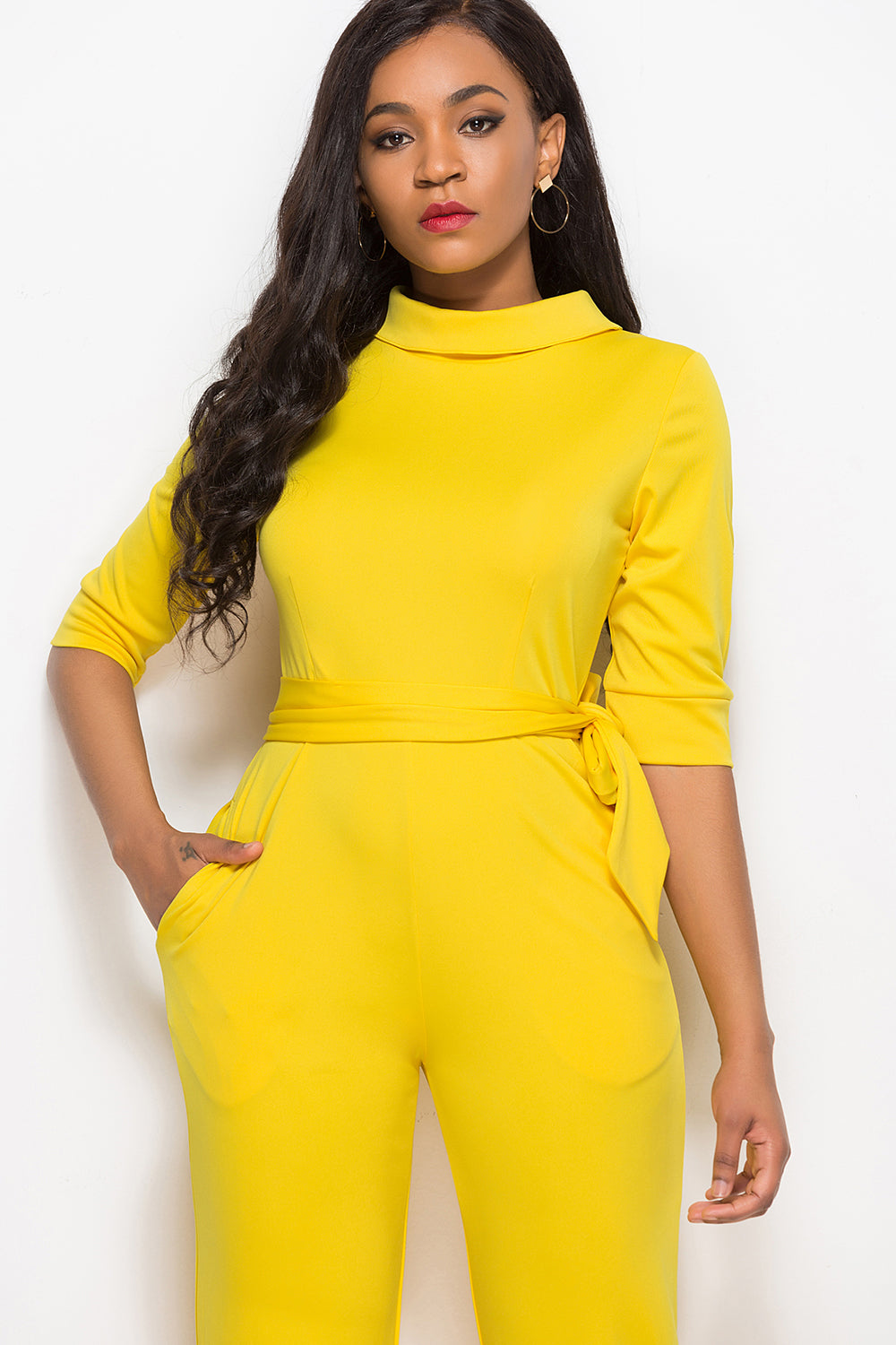 Mock-Neck Tie-Waist Jumpsuit