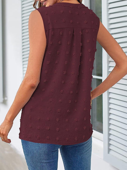 Swiss Dot Notched Sleeveless Blouse