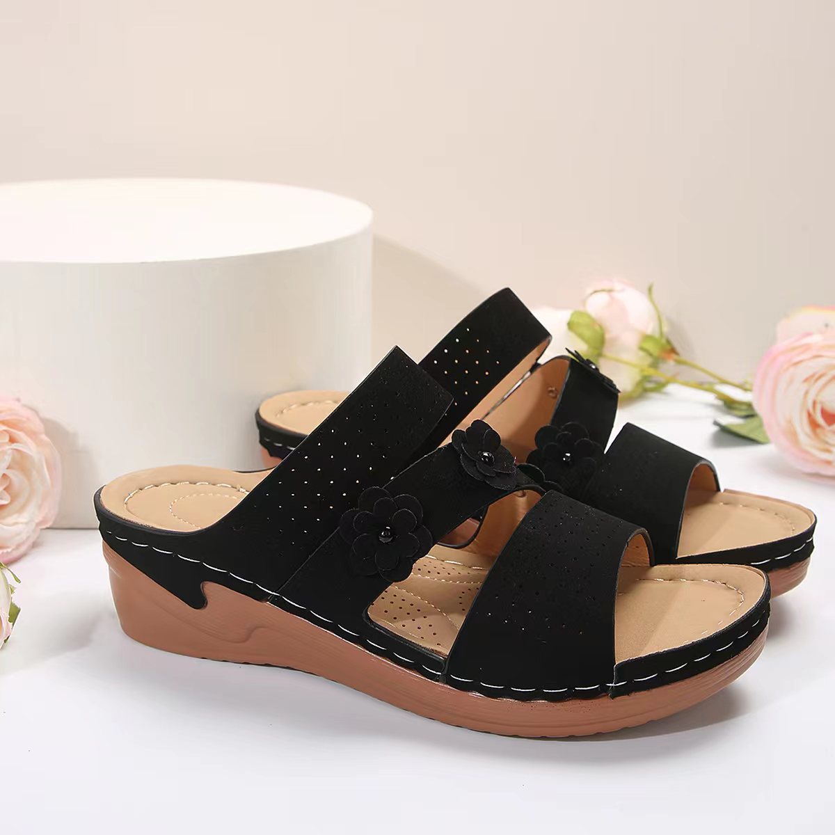 Faux-Suede Flower Wedge Sandals