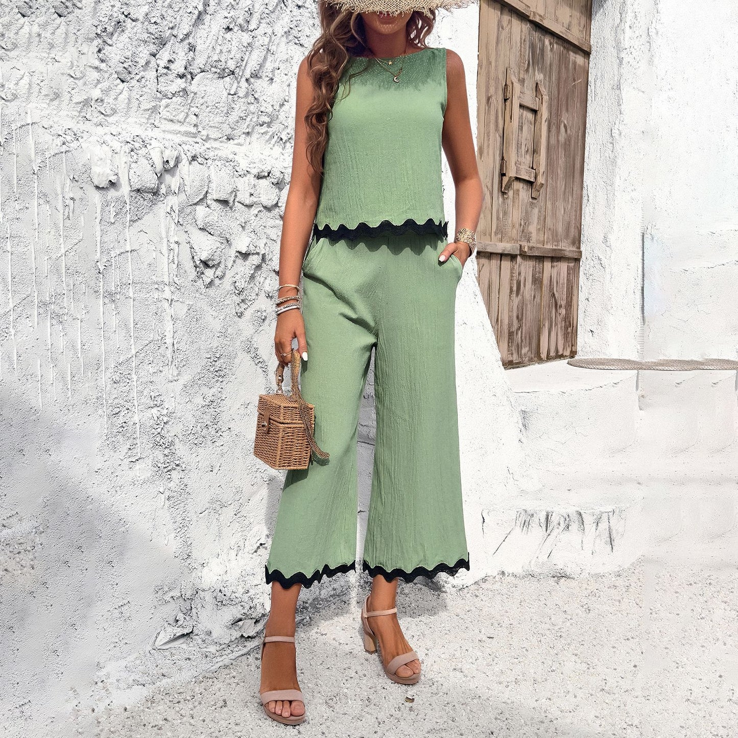 Ric Rac Sleeveless Top And Cropped Wide-Leg Pant