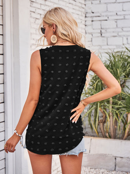 Swiss Dot Notched Sleeveless Blouse