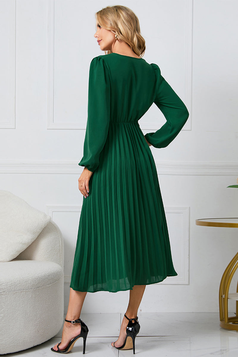 V-Neck Long-Sleeved Midi Dress