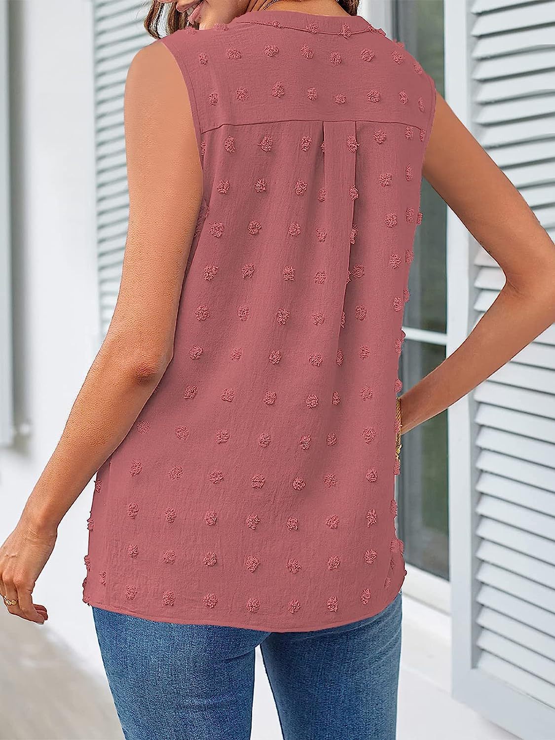 Swiss Dot Notched Sleeveless Blouse