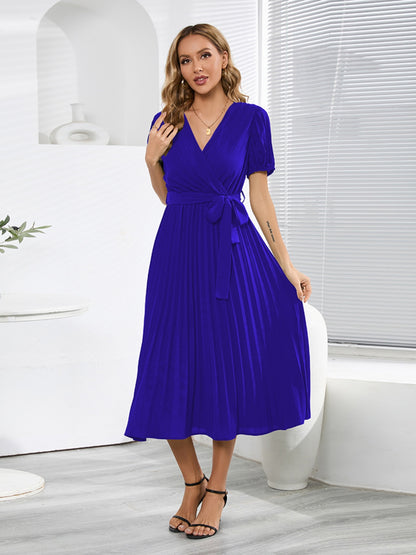 Pleated Short-Sleeved Midi Dress