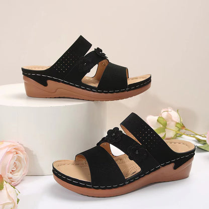 Faux-Suede Flower Wedge Sandals