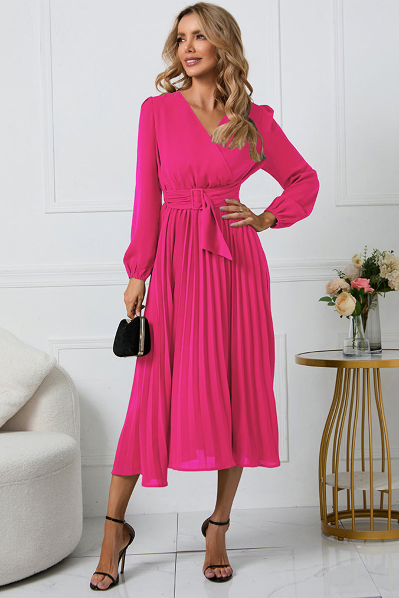 V-Neck Long-Sleeved Midi Dress