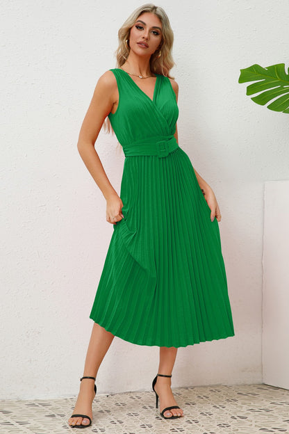 Sleeveless Pleated V-Neck Dress