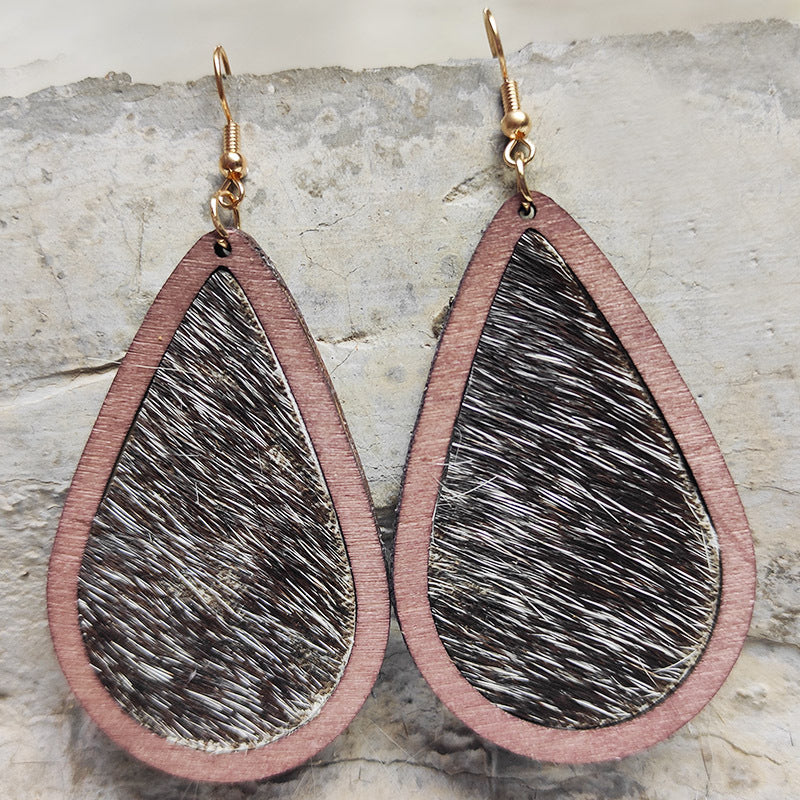 Wooden Teardrop Animal-Print Earrings