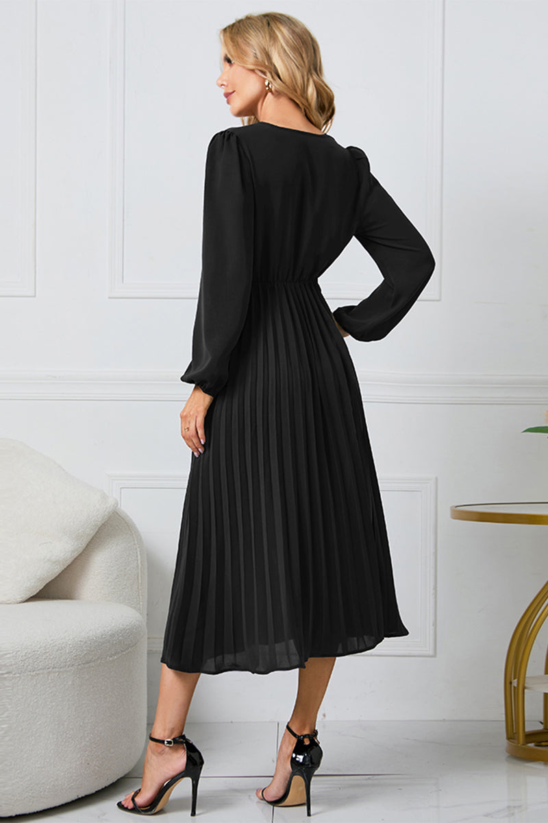 V-Neck Long-Sleeved Midi Dress
