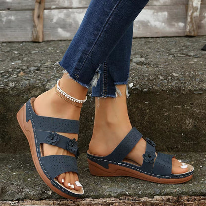 Faux-Suede Flower Wedge Sandals