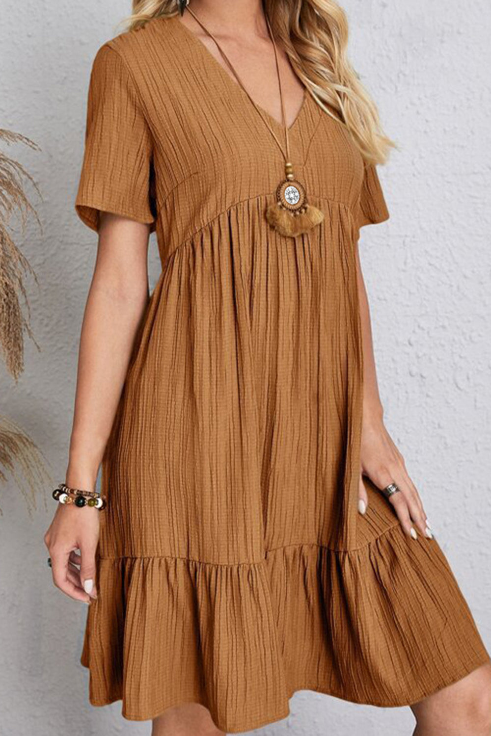 Cotton V-Neck Short-Sleeved Dress