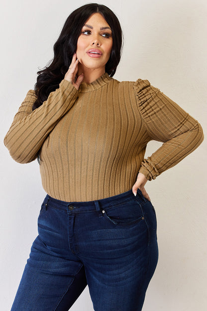 Basic Bae Mock Neck Ribbed Puff Sleeve Shirt