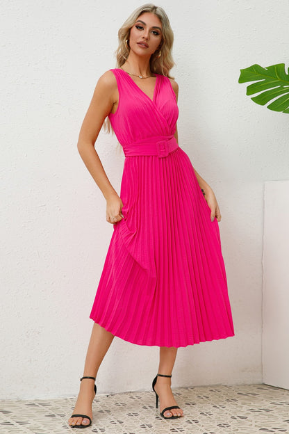 Sleeveless Pleated V-Neck Dress