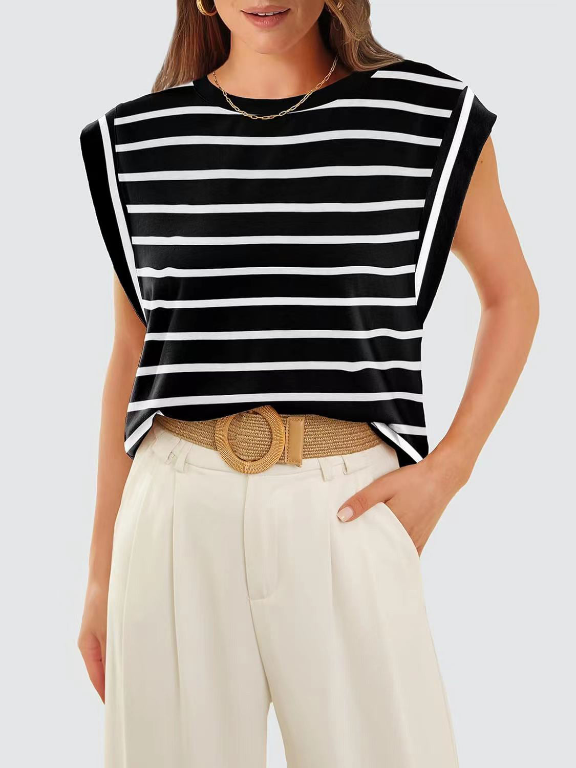 Striped Cap-Sleeve Blouse