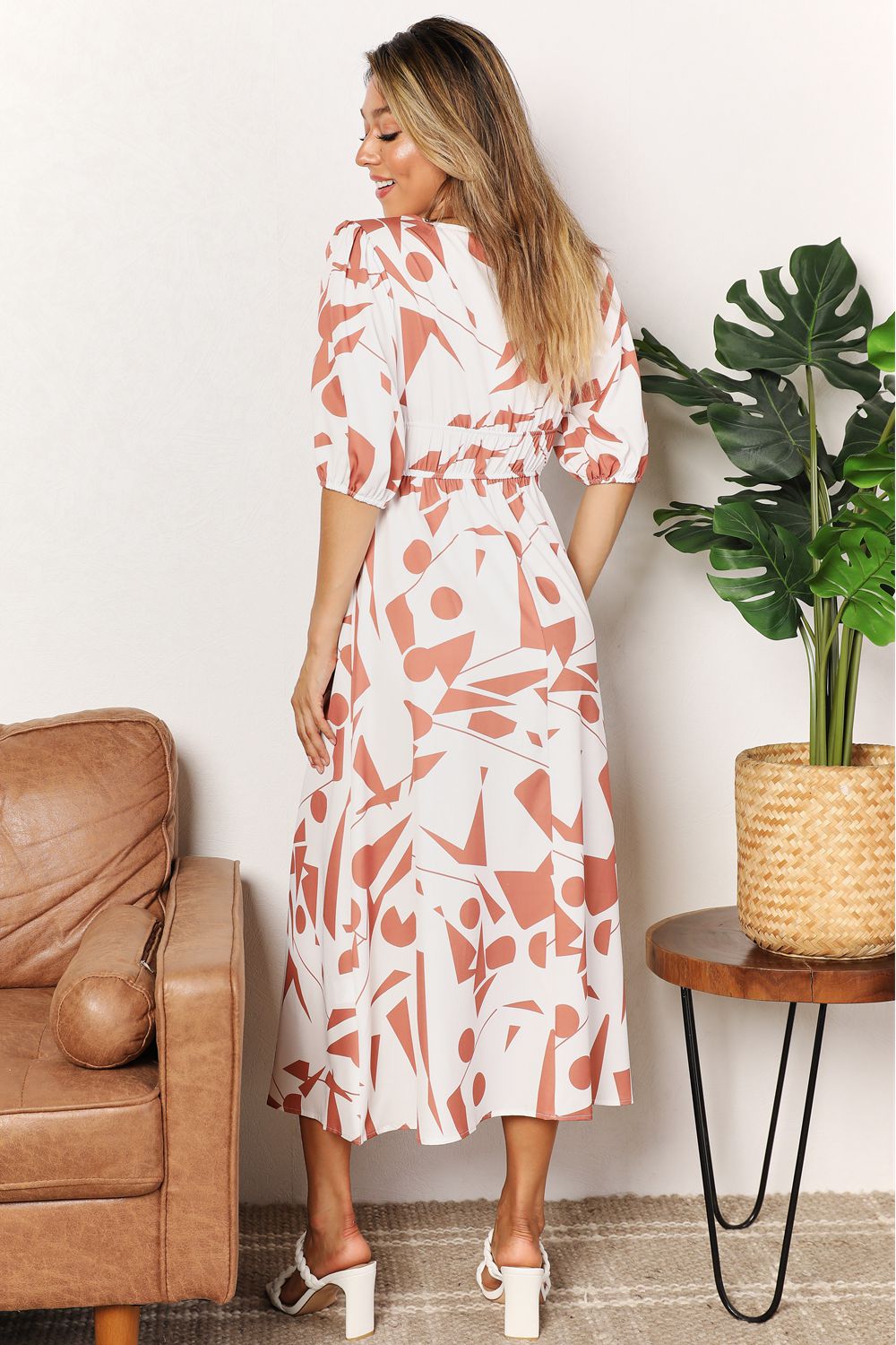 Double Take Surplice Balloon Sleeve Dress