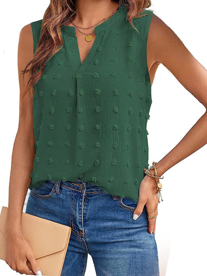 Swiss Dot Notched Sleeveless Blouse