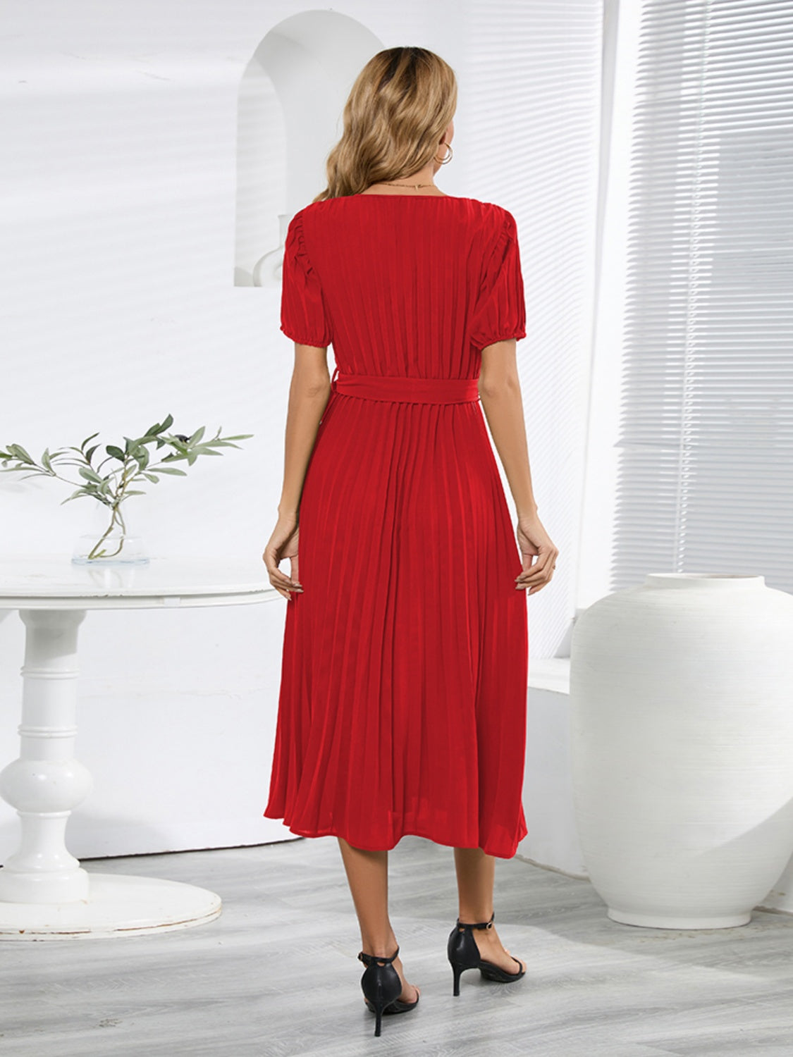 Pleated Short-Sleeved Midi Dress