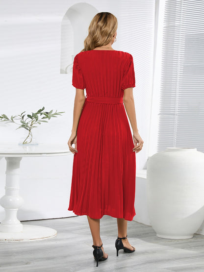 Pleated Short-Sleeved Midi Dress