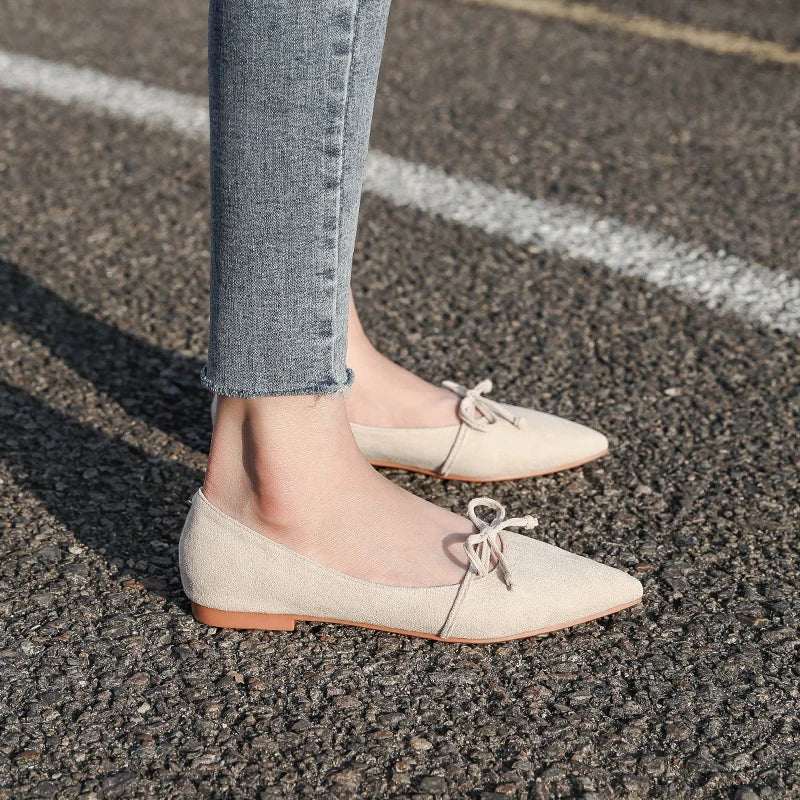 Faux-Suede Pointed Bow Ballet Flats