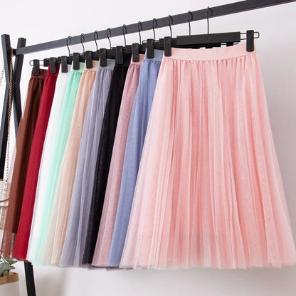 Tulle Pleated Midi Skirt