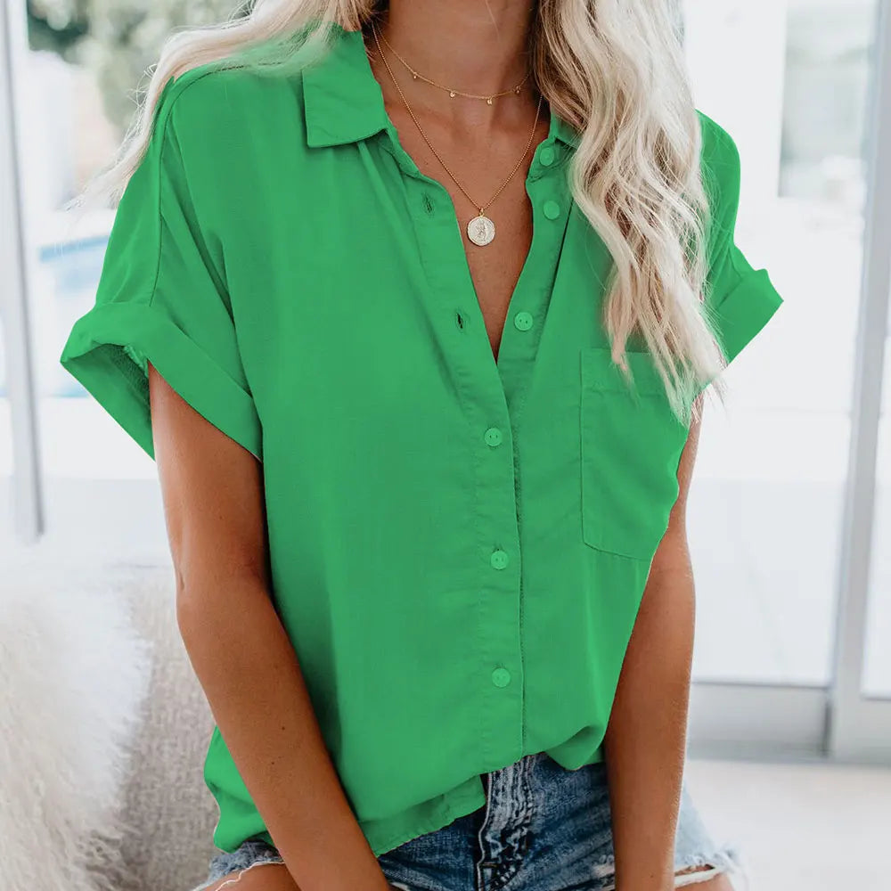 Cotton-Blend Button-Down Short-Sleeved Blouse