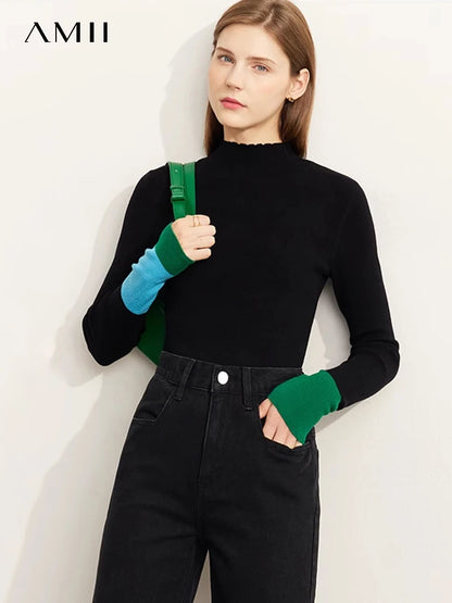 Amii Wool-Blend Color Block Sleeve Turtleneck