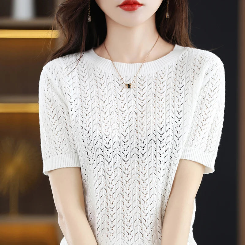 Cotton Herringbone-Knit Half-Sleeved Blouse