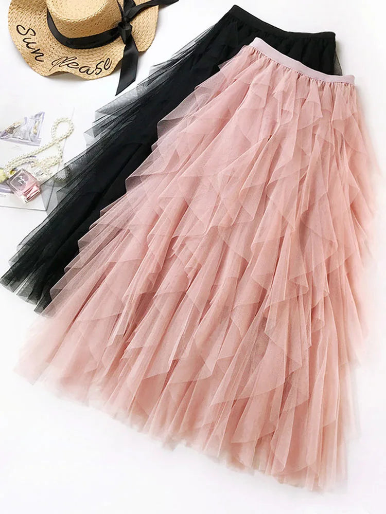 Tulle Ruffle Midi Skirt