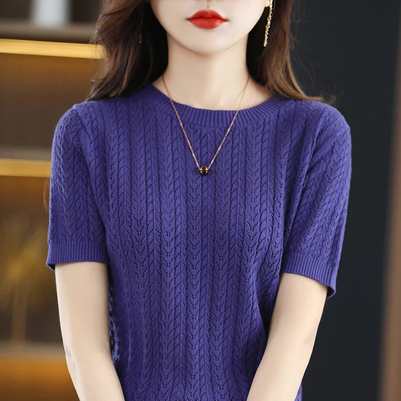 Cotton Herringbone-Knit Half-Sleeved Blouse