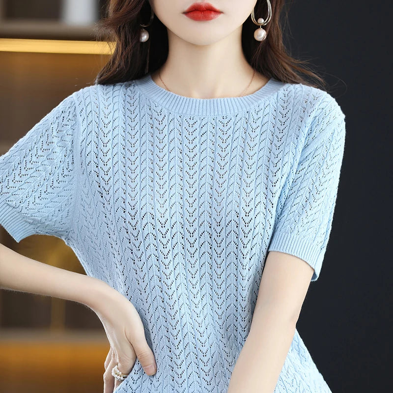 Cotton Herringbone-Knit Half-Sleeved Blouse