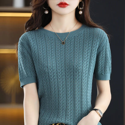 Cotton Herringbone-Knit Half-Sleeved Blouse