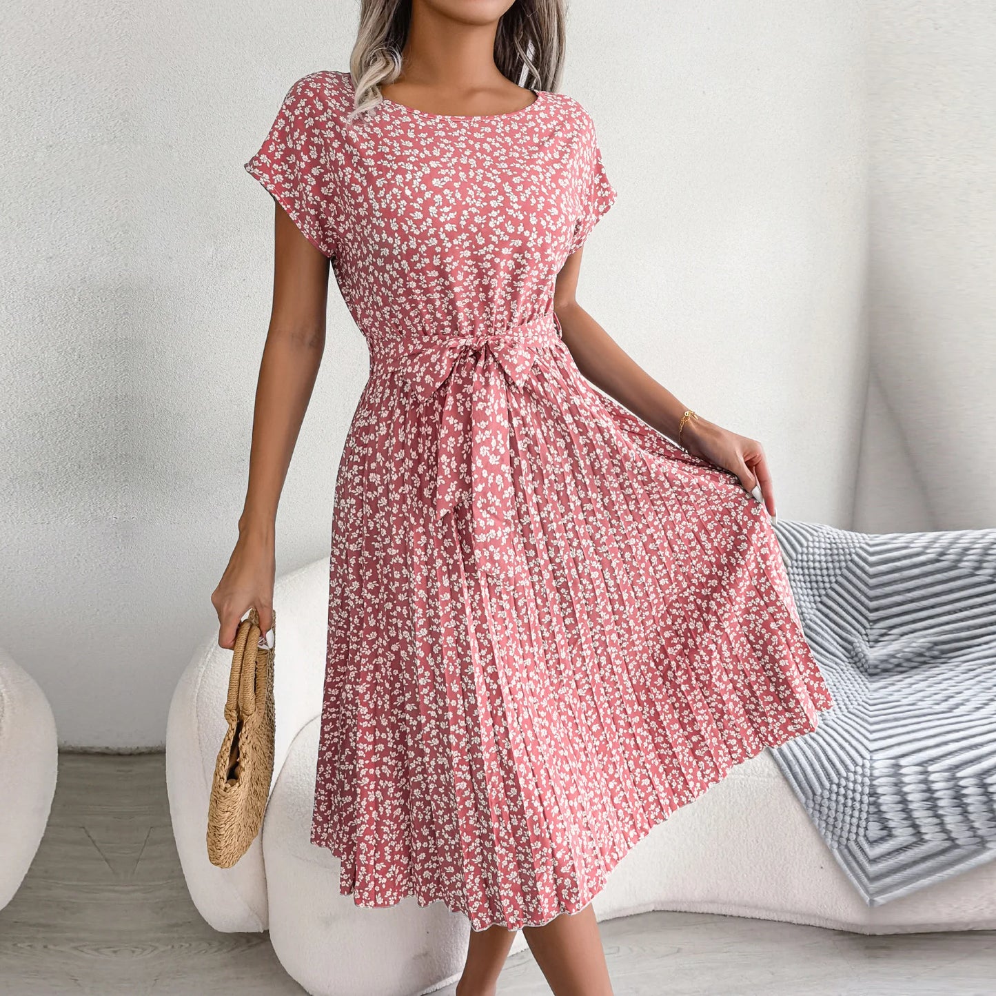 Cap-Sleeve Pleated Floral A-Line Dress