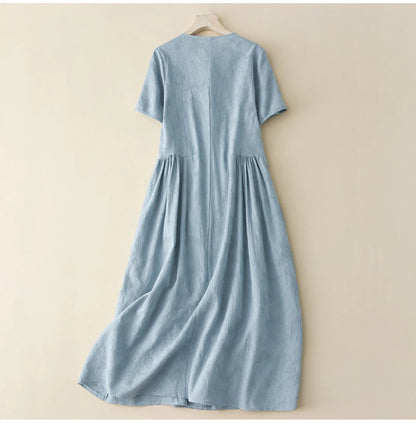 Cotton Linen Vintage Short-Sleeved Dress