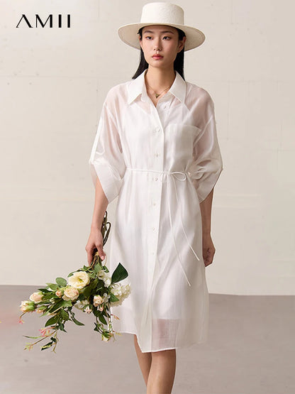 Amii Sheer Belted Shirt Dress