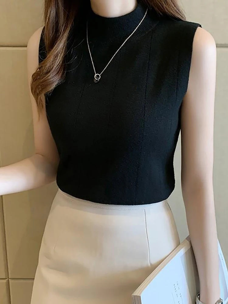 Cotton-Blend Sleeveless Knit Turtleneck