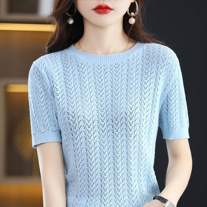 Cotton Herringbone-Knit Half-Sleeved Blouse