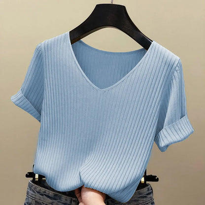 V-Neck Short-Sleeved Ribbed Blouse