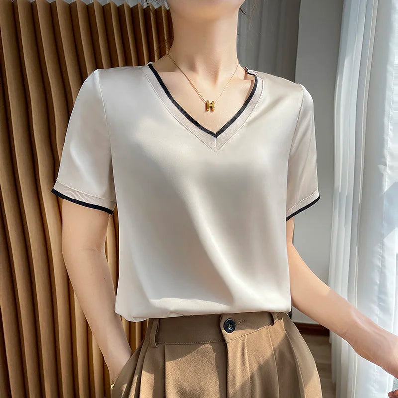 Beliarst Satin Piped Short-Sleeved Blouse